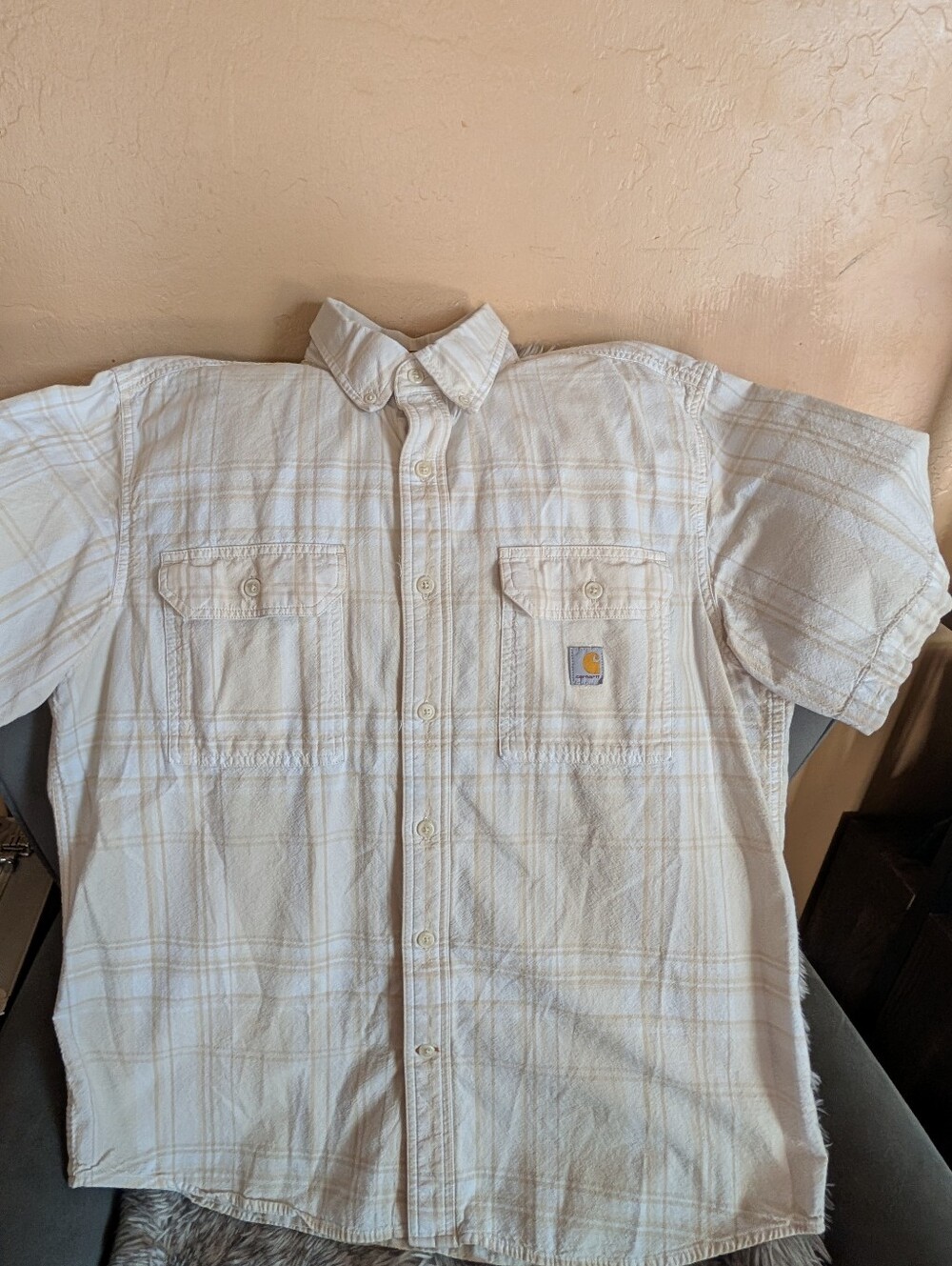 Carhartt Men’s Short Sleeve Plaid Button-Down Shirt - Cream & Tan